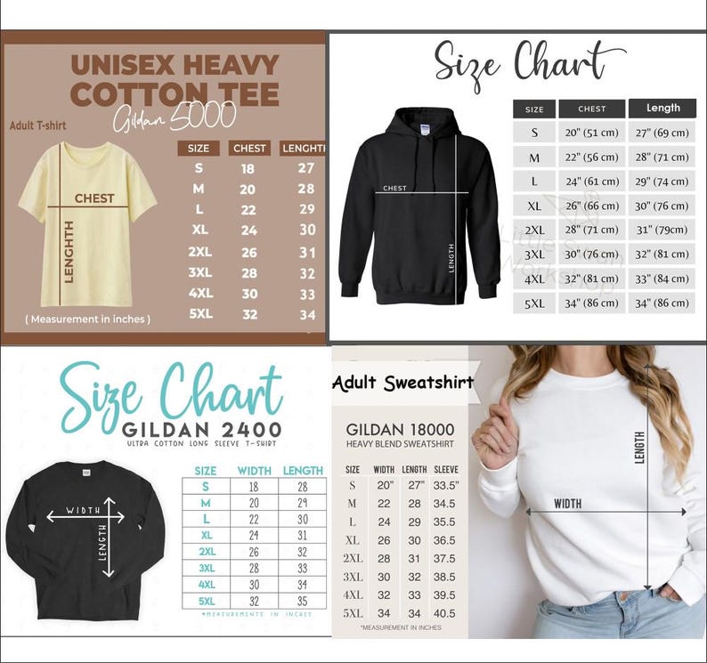 Puede incluir: Una tabla de tallas para camisetas, sudaderas y camisetas de manga larga de algod&oacute;n grueso unisex. La tabla incluye medidas en cent&iacute;metros para el pecho, el ancho, el largo y el largo de la manga, con tallas de la S a la 5XL.