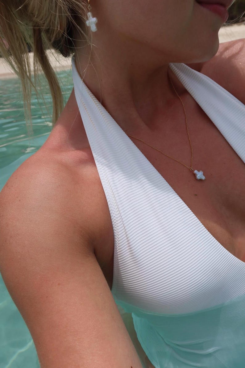 The Mini Pearl Cross Necklace-Gold image 3