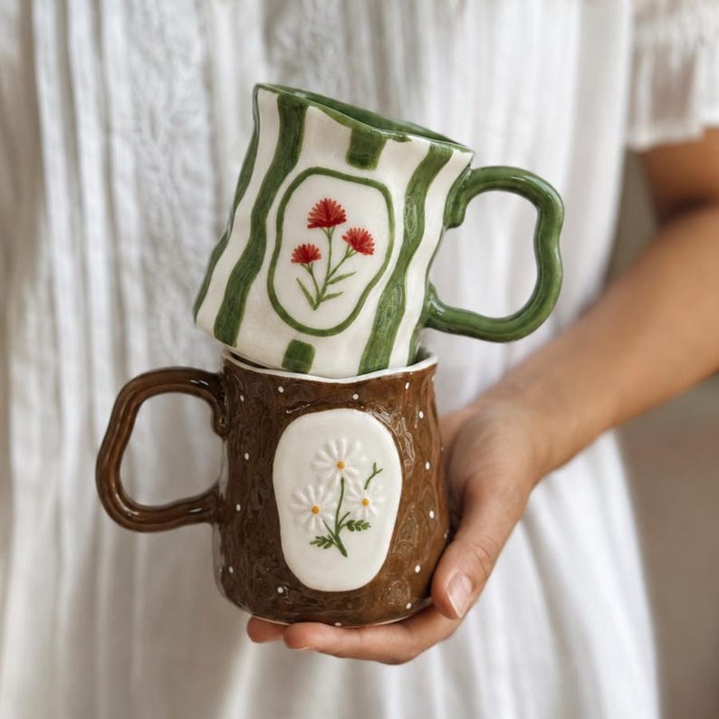 May include: Two ceramic mugs with wavy handles. The top mug is white with vertical green stripes and a central oval featuring red flowers. The bottom mug is brown with white polka dots and a central oval featuring white daisy-like flowers.