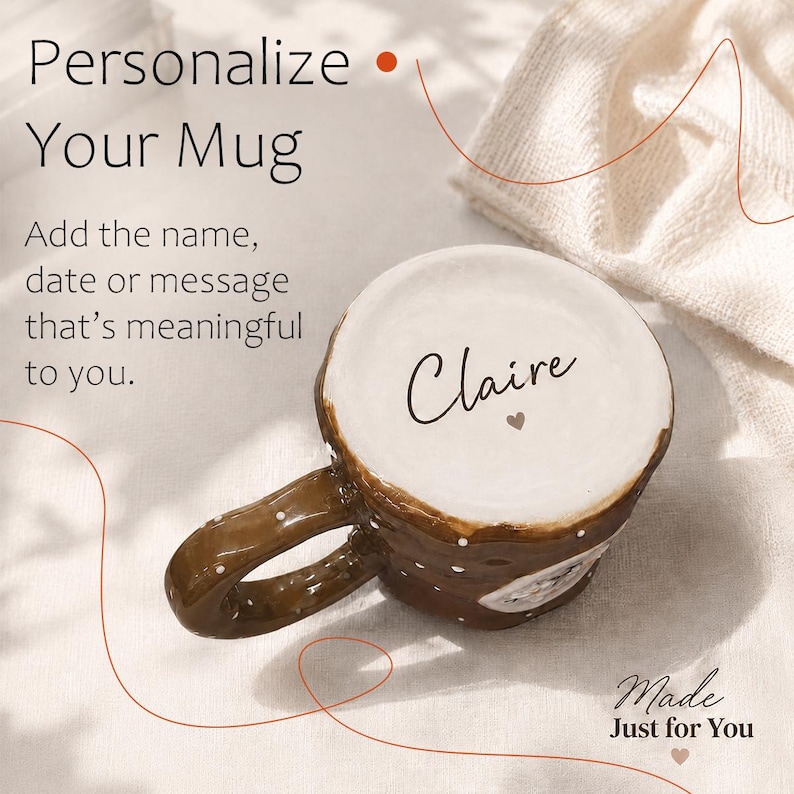 May include: A brown ceramic mug with white polka dots and a white interior featuring the name Claire and a small heart printed on the bottom. The text Personalize Your Mug, Add the name, date or message that&rsquo;s meaningful to you, and Made Just for You is visible.
