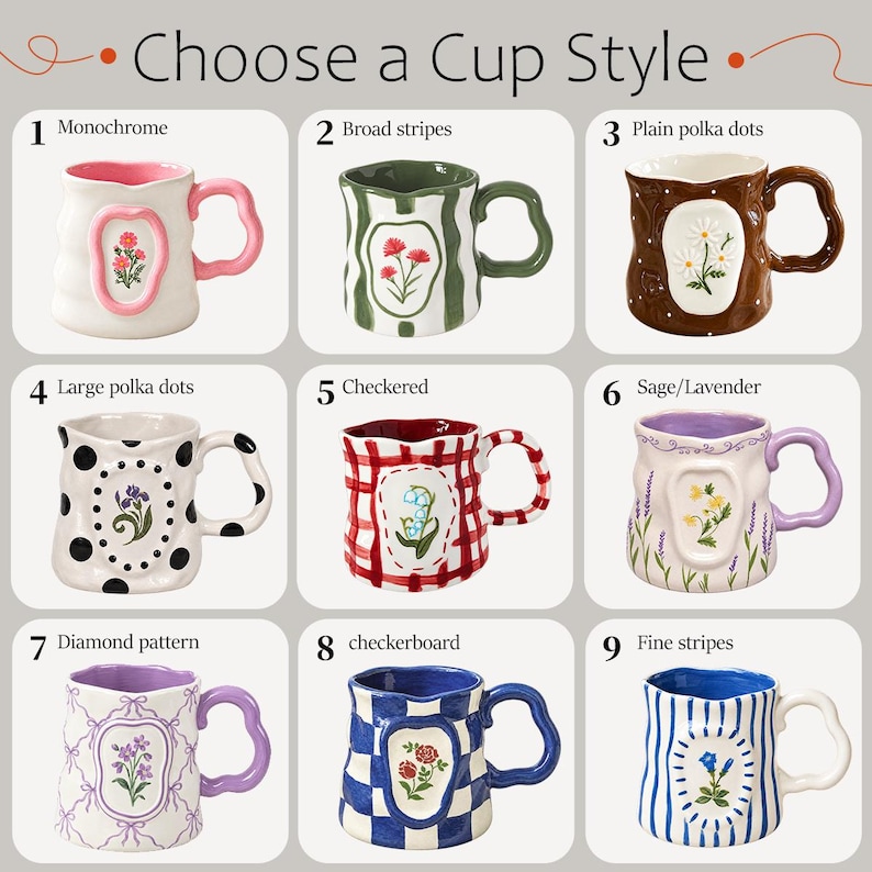May include: A grid of nine ceramic mugs labeled Choose a Cup Style, each featuring a unique pattern and a central floral emblem. Styles include monochrome, stripes, polka dots, checkered, and diamond patterns with wavy handles and colorful rims.
