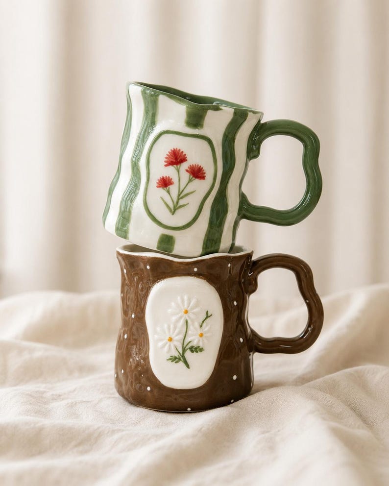 May include: Two ceramic mugs stacked vertically. The top mug is white with green vertical stripes and a red floral design. The bottom mug is brown with white polka dots and a white floral design. Both mugs feature wavy rims and handles.
