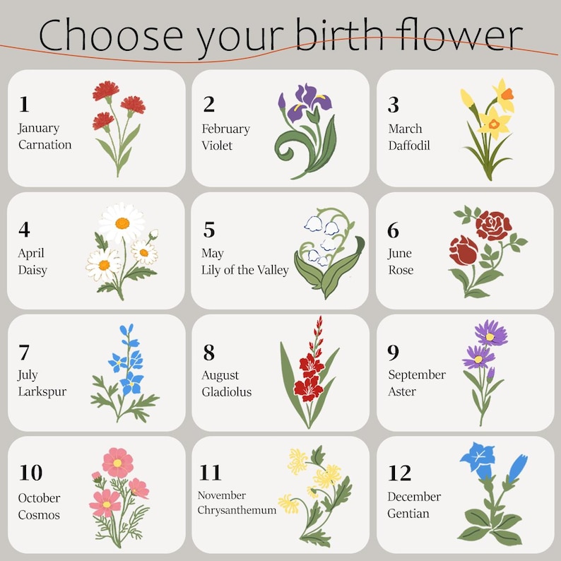 May include: A chart titled Choose your birth flower featuring twelve numbered sections. Each section displays a month, a flower name, and a colored illustration of the corresponding birth flower, including carnation, violet, daffodil, daisy, lily of the valley, rose, larkspur, gladiolus, aster, cosmos, chrysanthemum, and gentian.