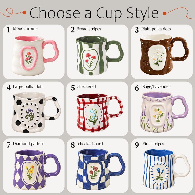 May include: A grid of nine ceramic mugs labeled Choose a Cup Style, each featuring a unique pattern and a central floral emblem. Designs include monochrome, stripes, polka dots, checkered, and diamond patterns with varied handle colors.