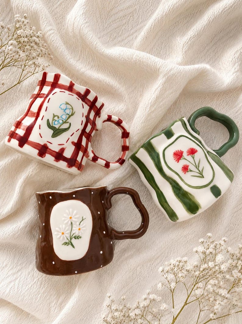 May include: Three ceramic mugs with irregular, wavy rims and handles. One mug features a red plaid pattern with a lily of the valley illustration, another has green stripes with red flowers, and the third is brown with white dots and daisies.