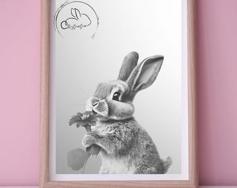 Black and White Rabbit Print – Minimalist Nursery Wall Art, Ireland Bunny Gift