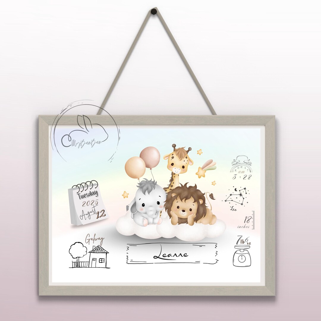 Personalised Baby Birth Chart Print – Nursery Animals, Christening Gift ...
