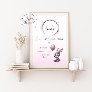 Stampa personalizzata del tema natale per la cameretta dei bambini con coniglietto, disponibile in rosa o blu.