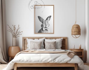 Minimalist Black White Rabbit Print – Handcrafted Nursery Wall Art Ireland