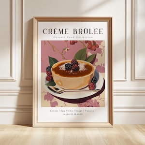 Grafika z creme brulee, plakat z francuskim deserem, elegancka dekoracja kuchni, prezent dla smakosza
