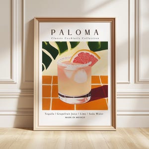 Lámina artística de Paloma, póster de cóctel de pomelo, decoración de bar moderna, regalo gastronómico