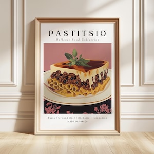 Pastitsio Art Print, Greek Food Poster, Mediterranean Kitchen Decor, Foodie Gift