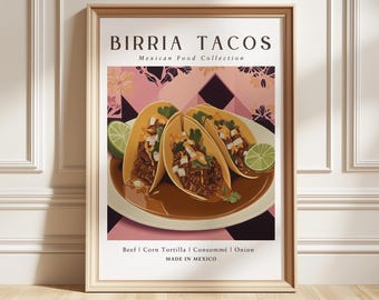 Lámina artística de tacos de birria, póster de comida mexicana reconfortante, decoración de estilo urbano, regalo gourmet