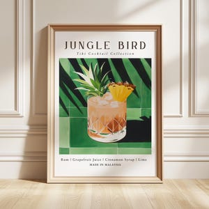 Impresión artística de aves de la selva, póster de cóctel tropical, decoración de bar tiki, regalo gastronómico