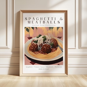 Impressão artística de espaguete e almôndegas, ilustração de massa italiana em guache, arte de parede para cozinha, decoração aconchegante para comida caseira