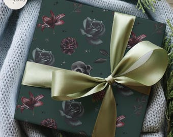 Whimsigoth Goth Wrapping Paper, Gothic Botanical Dark Floral Gift Wrap, Poison Garden Aesthetic Dark Floral Scrapbook, Moody Gift Wrap Roll