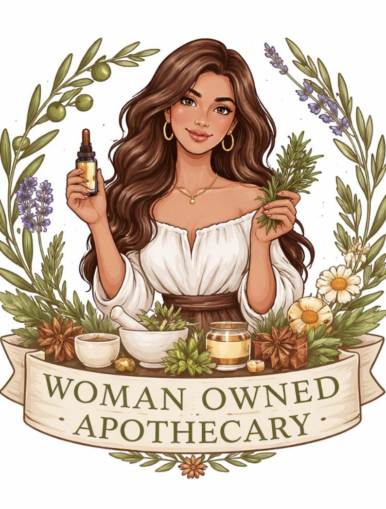 May include: Illustration of a woman holding a dropper bottle and herbs, surrounded by botanical elements. The image features a banner with the text "WOMAN OWNED APOTHECARY". The color palette includes greens, browns, and creams, creating a natural and inviting aesthetic.