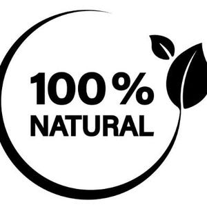 May include: A black and white graphic with the text "100% NATURAL" inside a circle. A leaf design is on the right side of the circle. The design is simple and clean, suitable for product labeling or branding.