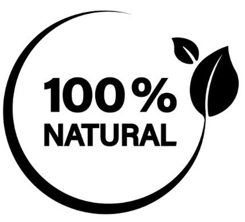 May include: A black and white graphic with the text "100% NATURAL" inside a circle. A leaf design is on the right side of the circle. The design is simple and clean, suitable for product labeling or branding.