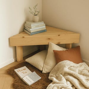 May include: A cozy corner arrangement featuring a wooden triangular bench with stacked books and a small vase. Soft pillows, a textured blanket, and a brown rug create a warm, inviting space. The book "How To" is visible.