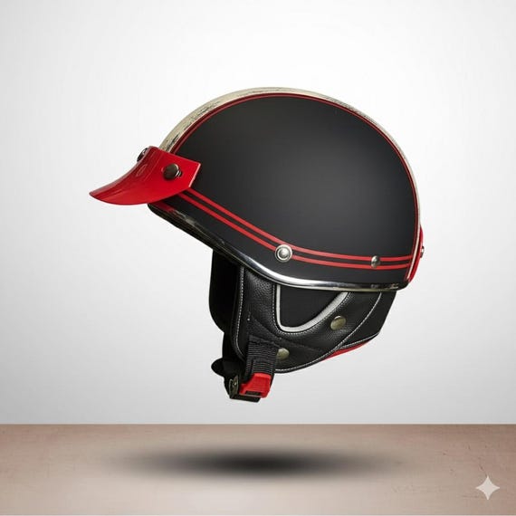 chips style motorcycle helmet Retro Chips Helmet Matte Black Red Stripes Vintage Motorcycle Cruiser  Bobber Cafe Racer Style