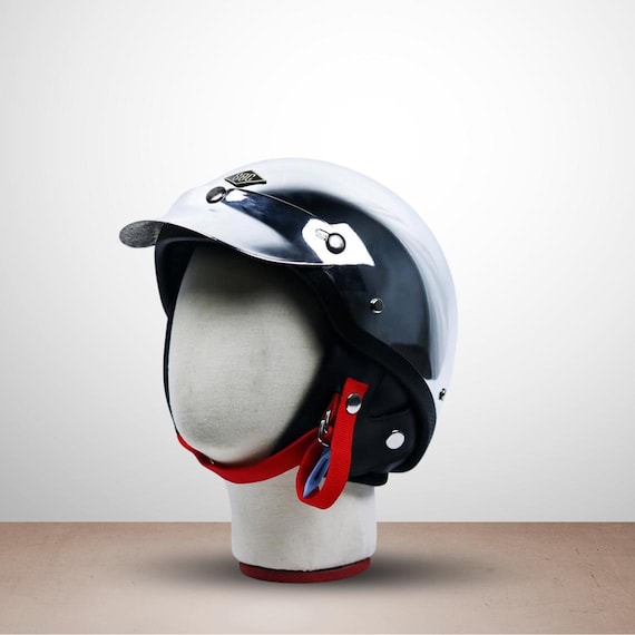 chrome half helmet motorcycle Outlaw Helmets T99 Siver German Style for Men & Women DOT Approved Lowest Profile Available while maintaining DOT Certification 1 Thick Polystyrene Protection Layer meets the Minimum Requirement for DOT Certification Quick Release Safety Strap for an Easy On and Off Experience High Impact ABS Shell Custom Shorty Chrome Mirror Retro