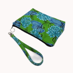 9 Inch Water Lily Wristlet, Fabric Phone Clutch, Flat Bottom Pouch, Blue Green Wristlet, Removable Strap Wristlet, Cotton Wrist Bag image 9