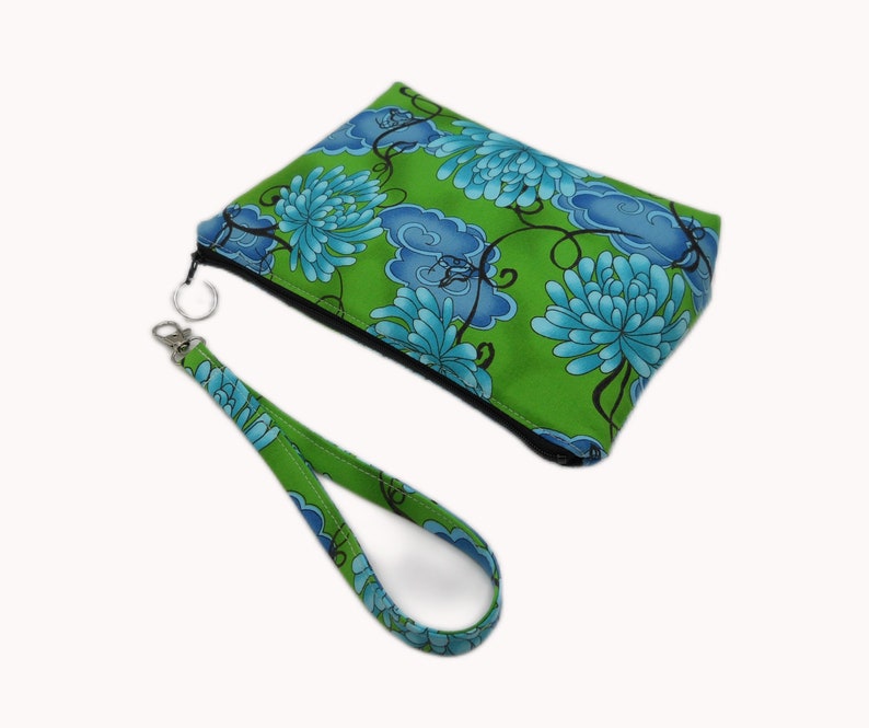 9 Inch Water Lily Wristlet, Fabric Phone Clutch, Flat Bottom Pouch, Blue Green Wristlet, Removable Strap Wristlet, Cotton Wrist Bag image 9