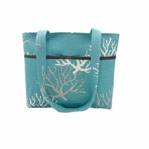 Bolso de mano Aqua, bolso de hombro para mujer, bolso de mano mediano, bolso con estampado coral, bolso de mano de tela, cartera de algodón, bolso de mano con 6 bolsillos, bolso de tela