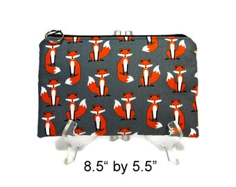 Foxes Zipper Pouch, Gray Pouch, Zip Bag, Cotton Pencil Case, Purse Pouch, Cosmetic Bag, Makeup Zip Bag, Accessory Pouch, Padded Pouch