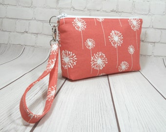 Coral Dandelion Phone Wristlet, Fabric Phone Clutch, Small Coral Purse, Card Pocket, Flat Bottom Pouch, Smartphone Wristlet, Small Wrist Bag