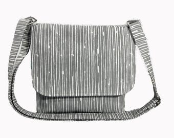 Small Messenger Bag for Women, Gray Cross Body Bag, Gray Purse, Fabric Crossbody Purse, Premier Prints Scribble Stripe Gray with Purple