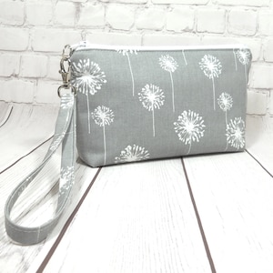 Gray Dandelion Wristlet Purse, Fabric Wristlet Clutch, Gray Phone Purse, Card Pockets, Flat Bottom Pouch, Cotton Pouch, Small Purse