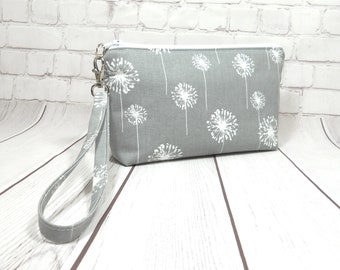 Gray Dandelion Wristlet Purse, Fabric Wristlet Clutch, Gray Phone Purse, Card Pockets, Flat Bottom Pouch, Cotton Pouch, Small Purse