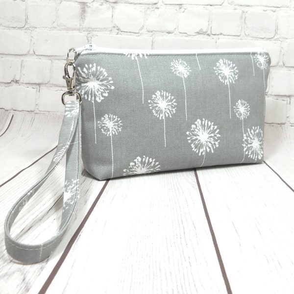 Gray Dandelion Wristlet Purse, Fabric Wristlet Clutch, Gray Phone Purse, Card Pockets, Flat Bottom Pouch, Cotton Pouch, Small Purse