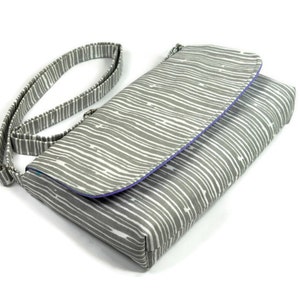 Small Cross Body Bag, Gray Purse, Mini Messenger Bag, Pocketbook - Premier Prints Scribble Stripe Gray with Purple, Adjustable Strap