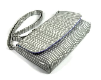 Small Cross Body Bag, Gray Purse, Mini Messenger Bag, Pocketbook - Premier Prints Scribble Stripe Gray with Purple, Adjustable Strap