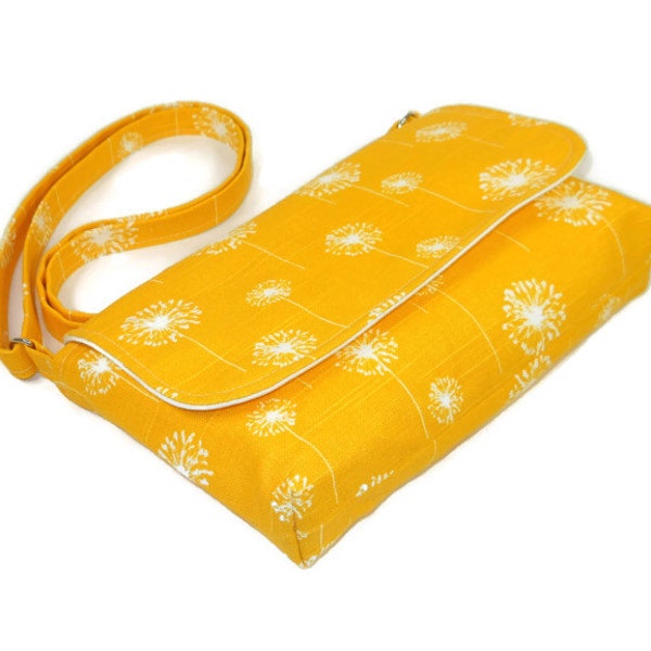 Dandelion Purse, Small Cross Body Bag, Mini Messenger Purse, Crossbody Purse, Yellow Pocketbook, Small Fabric Purse, Yellow and White Bag