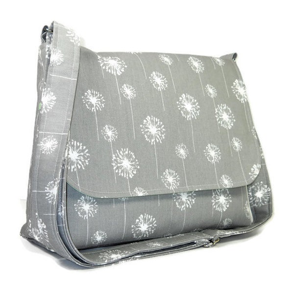 Gray Dandelion Messenger Purse for Women, Fabric Pocketbook, Cotton Crossbody Bag, Gray Cross Body Purse, Dandelion Handbag