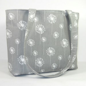 Double Strap Shoulder Tote Purse, Gray Dandelion Bag, Gray White Pocketbook, Fabric Handbag, Shoulder Bag, Medium Gray Purse, Key Clip image 3