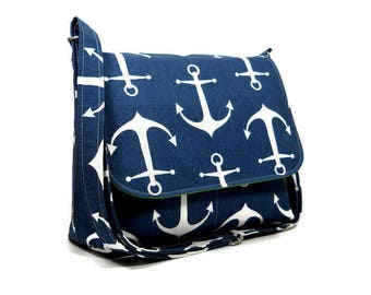 Blue Anchor Messenger Purse for Women, Fabric Pocketbook, Cotton Crossbody Bag, Blue Cross Body Purse, Anchor Handbag, Blue Green White Bag