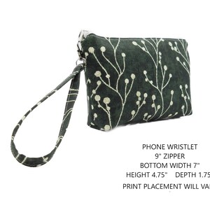Pulsera de teléfono, tela blanca verde, bolsa pequeña con cremallera, bolsa de fondo plano, pulsera de teléfono inteligente, bolsa de muñeca, bolsa con estampado de ramas y bayas