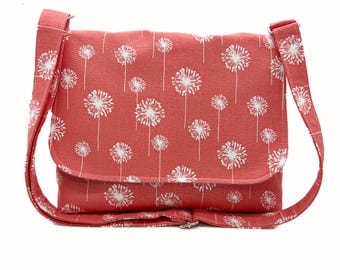 Women&#39;s Messenger Bag, Coral Dandelion Purse, Canvas Crossbody Bag, Shoulder Bag, Fabric Purse, Medium Dandelion Pocketbook, Cross Body Bag