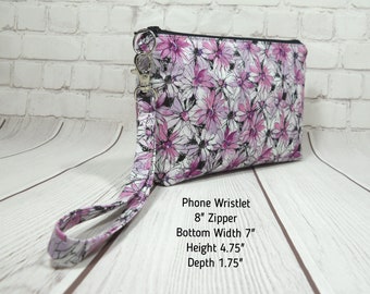 Pink Floral Iphone Wristlet, Fabric Clutch, Small Floral Purse, Card Pockets, Flat Bottom Pouch, Smartphone Wristlet, Small Wrist Purse