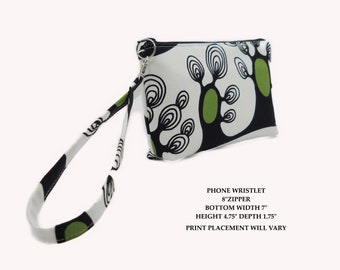 Abstract Tree Wristlet, Fabric Wristlet Clutch, Green White Black Phone Purse, Card Pockets, Flat Bottom Pouch, Cotton Pouch, Small Purse