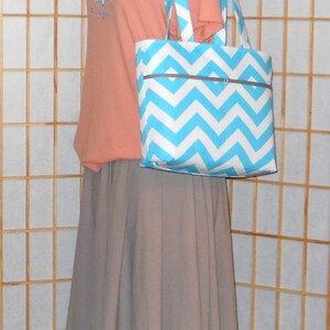 Blue Chevron Purse, Double Strap Shoulder Bag, Aqua White Pocketbook, Fabric Purse, Shoulder Bag, Medium Blue Tote Purse, Key Clip, Handbag image 6