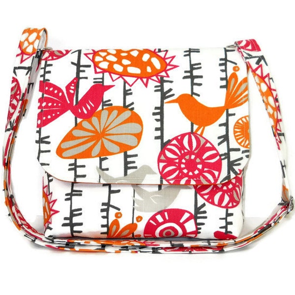 Small Cross Body Purse, Spring Pocketbook, Fabric Crossbody Bag, Womens Small Messenger Bag, Flowers and Birds in Orange, Pink, Gray White