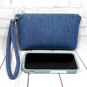 Blue Denim iPhone Wristlet, Fabric Phone Clutch, Small Denim Purse, Card Pockets, Flat Bottom Pouch, Smartphone Pouch, Small Wrist Bag image 4