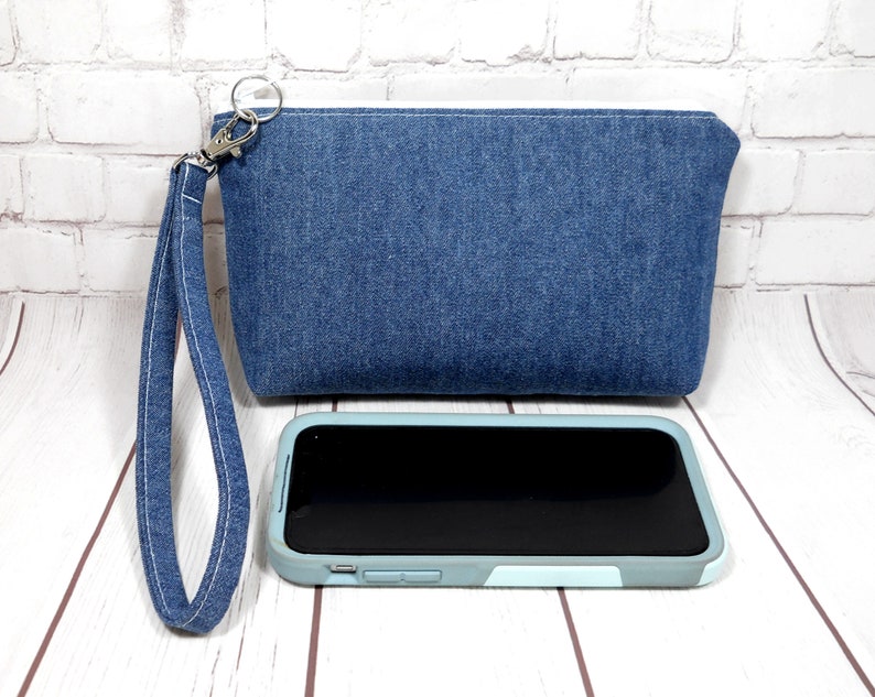 Blue Denim iPhone Wristlet, Fabric Phone Clutch, Small Denim Purse, Card Pockets, Flat Bottom Pouch, Smartphone Pouch, Small Wrist Bag image 4