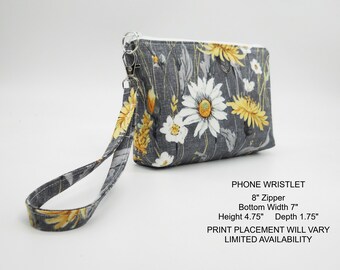 Floral Wristlet Purse, Fabric Wristlet Clutch, Yellow Gray Phone Purse, Gift Under 20, , Flat Bottom Pouch, Cotton Pouch, Small Purse